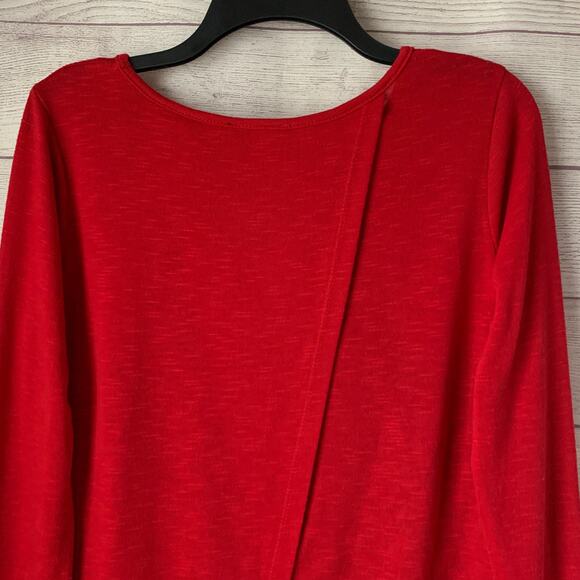 A. Byer Red and Black Blouse Split Back High Low Hem Lace Sleeve Size L - Picture 6 of 16
